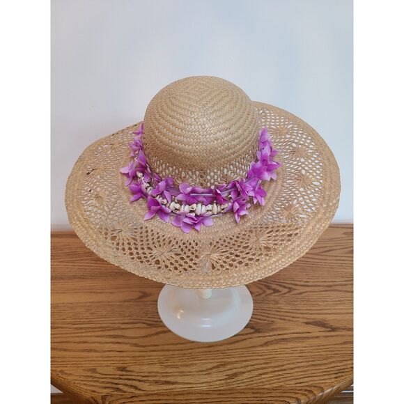 Vintage Raffia Straw Sun Hat Open Cane Weave Round Crown Wide Brim Shell Band - Picture 4 of 10